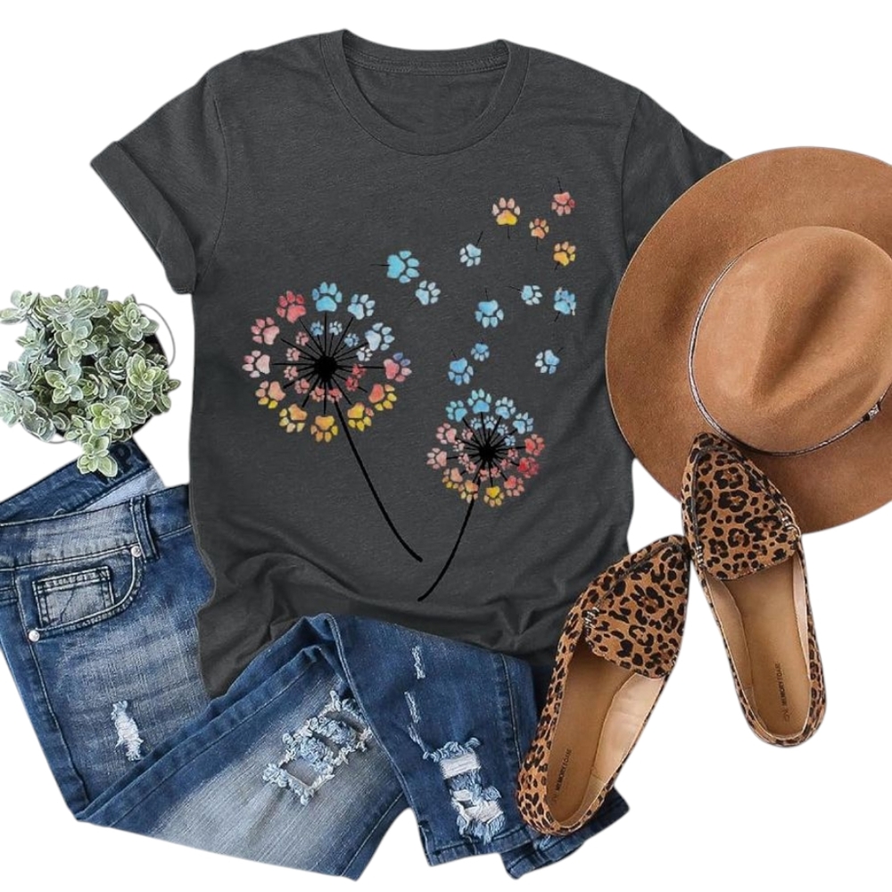 🆕 Women's Heathered Grey Pet Lover Dandelion & Paws Screen Print T-shirt